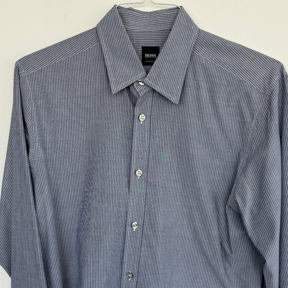 Boss Blue Grey Striped Dress Collared Shirt